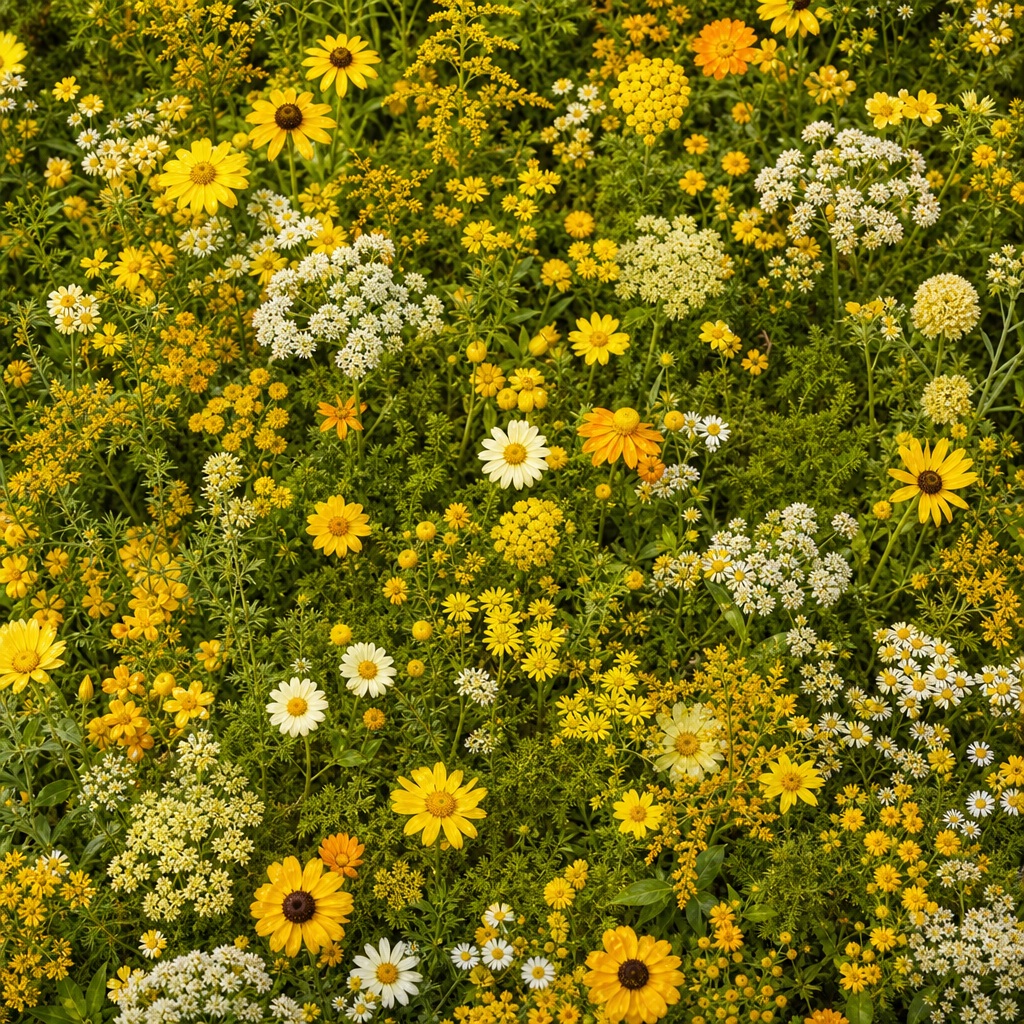 Dense yellow and white spring flowers covering a green botanical background