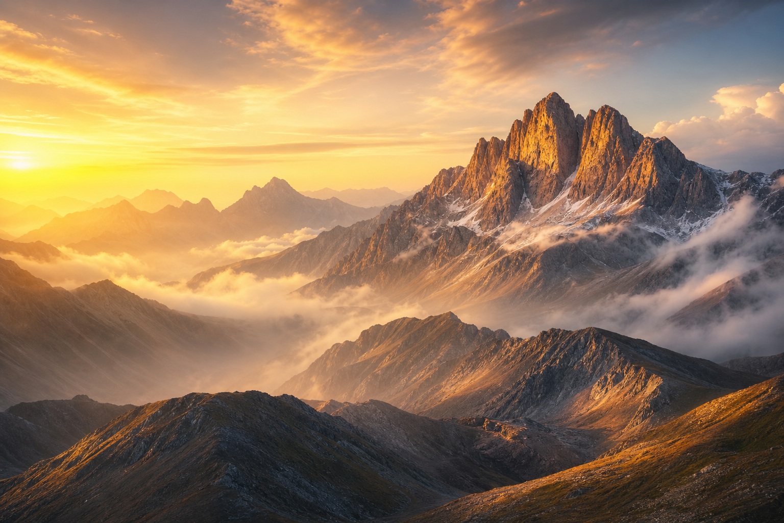 Sunlit mountain peaks rising above misty valleys at sunrise