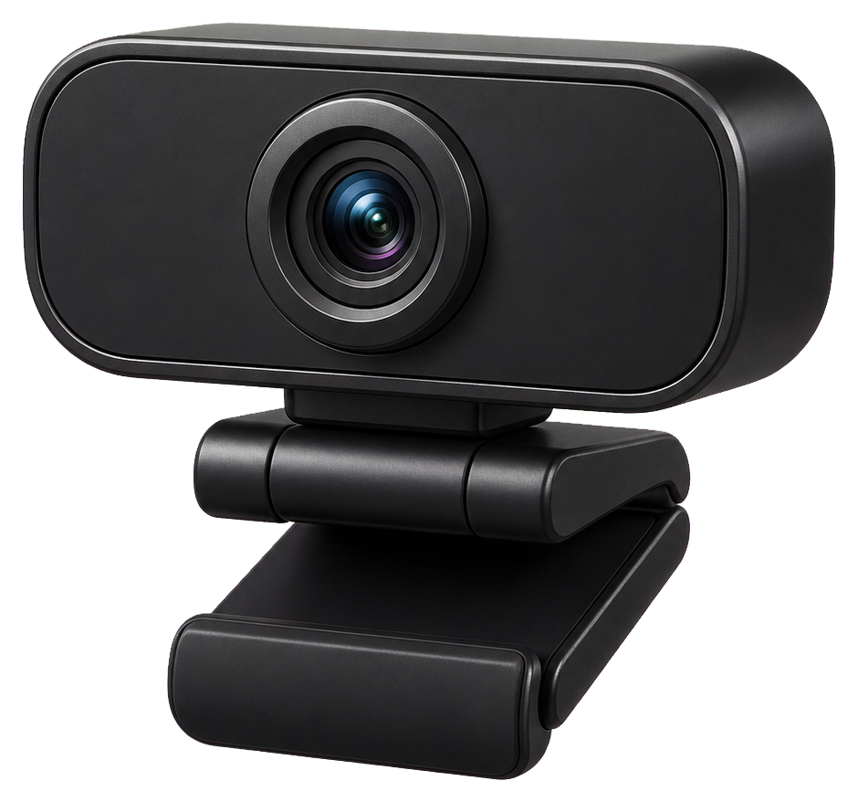 Plain black webcam graphic with a lens and adjustable base.