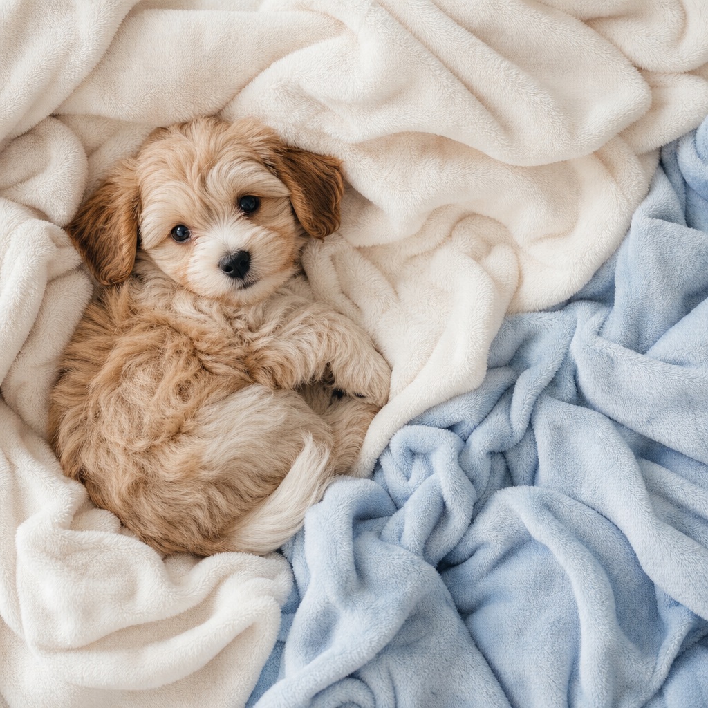 Small fluffy puppy lying on soft cream and blue blankets