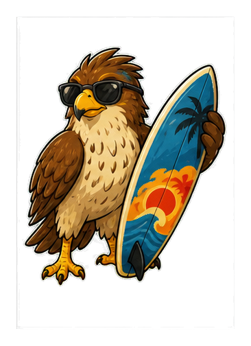 A hawk wearing sunglasses and holding a colorful surfboard.