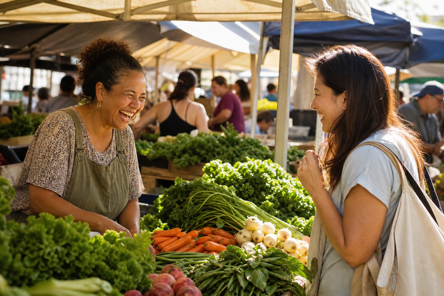 Two women laughing beside a sunlit produce stall at an outdoor market