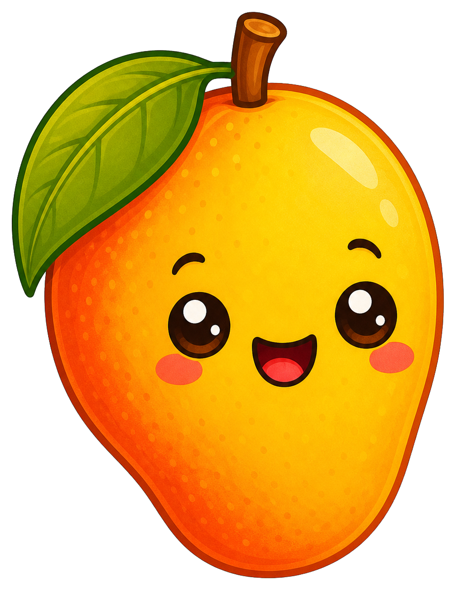 Cute smiling mango with a green leaf and rosy cheeks