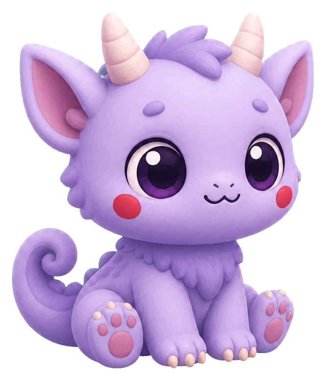 Purple chibi chimera monster with horns, big eyes, pink cheeks, and curled tail.