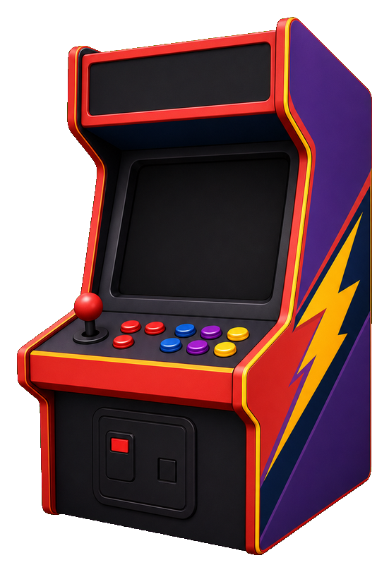 Colorful arcade cabinet with red, purple, and yellow side art and blank screen