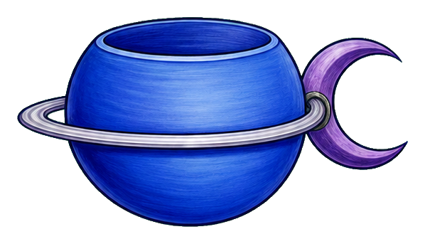 Blue planet-shaped teacup with a purple crescent handle and moonlit glow