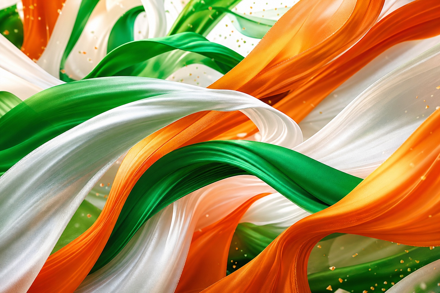Abstract green, white, and orange ribbon bands flowing across the background