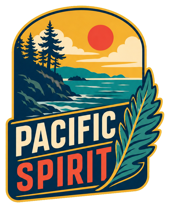 Retro Pacific Spirit sticker with a leaf and scenic coastal landscape.