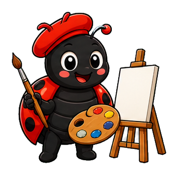 Cute ladybug dressed as an artist holding a paintbrush beside an easel and palette.