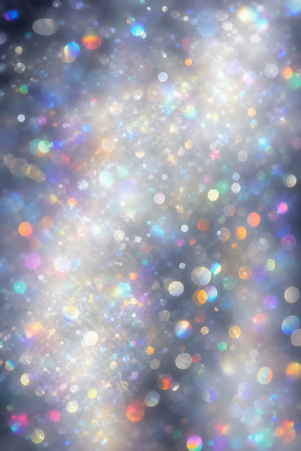 Soft silver and rainbow bokeh lights forming a misty abstract background