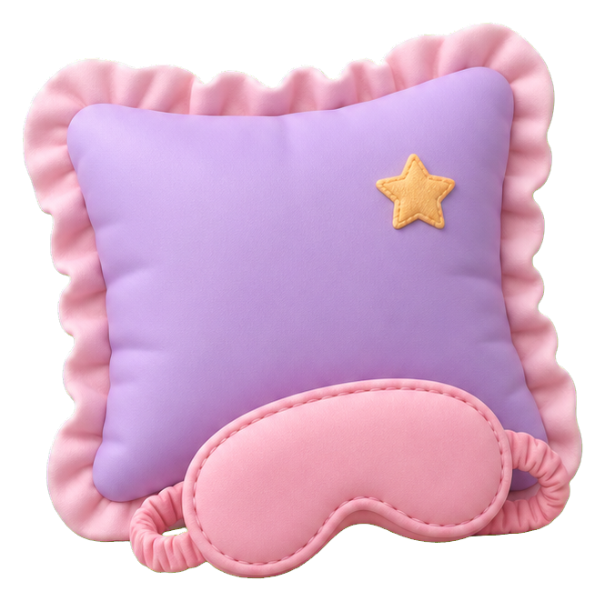 Purple pillow sticker with pink ruffled trim and a pink sleep mask
