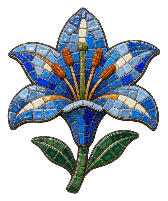 Blue ceramic mosaic lily flower with green stem and petals