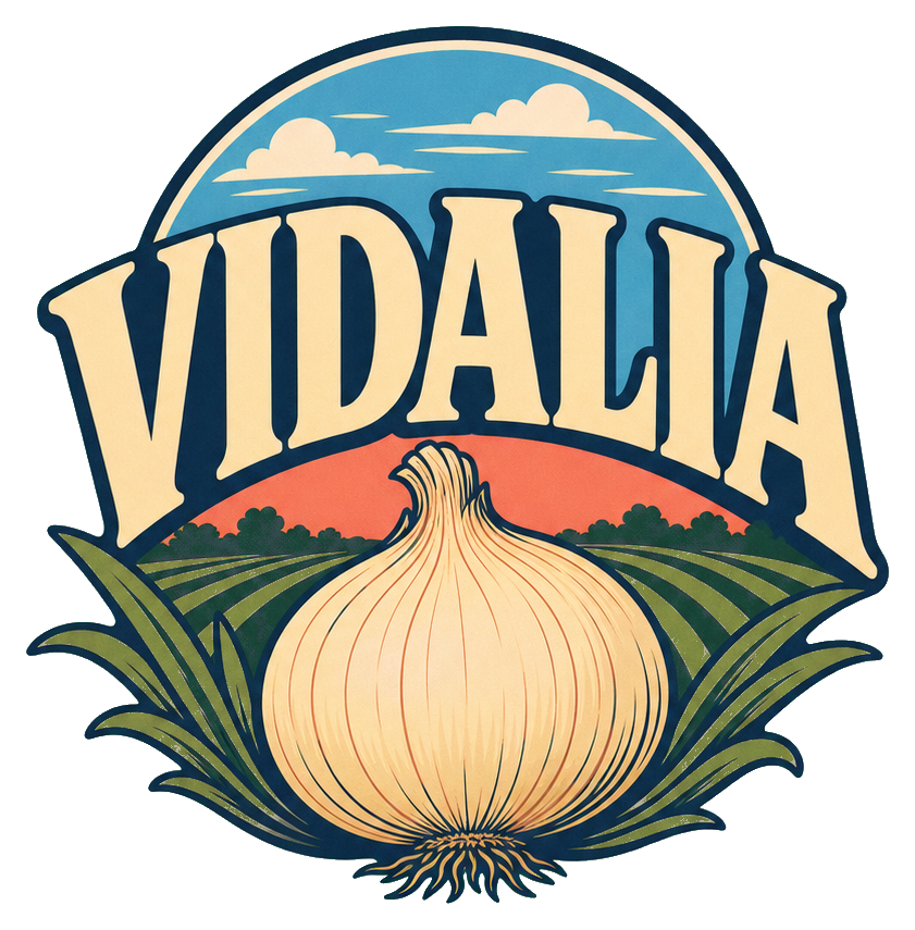 Retro Vidalia lettering above an illustrated sweet onion and landscape.