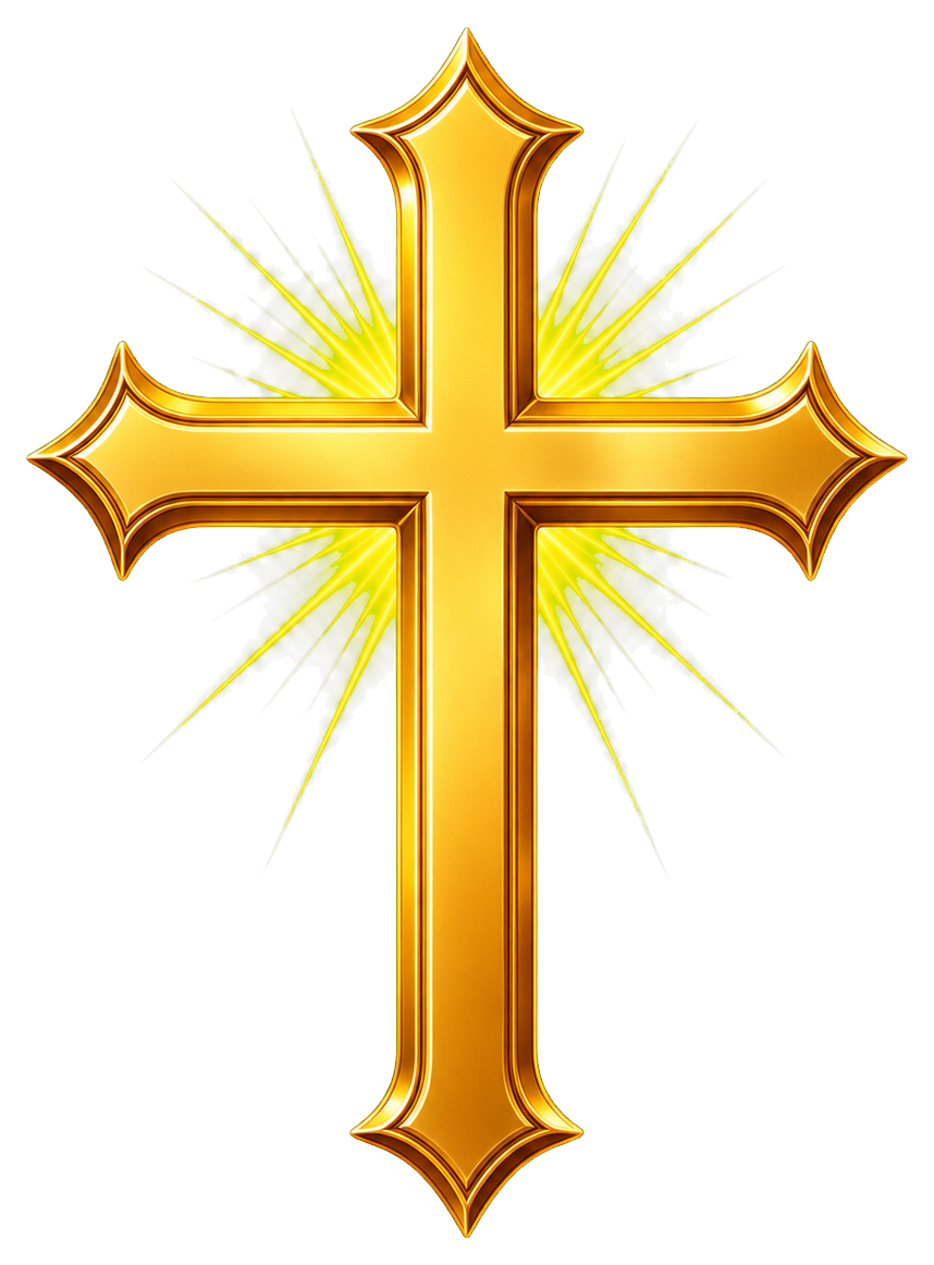 Glowing gold cross with radiant light and pointed decorative ends