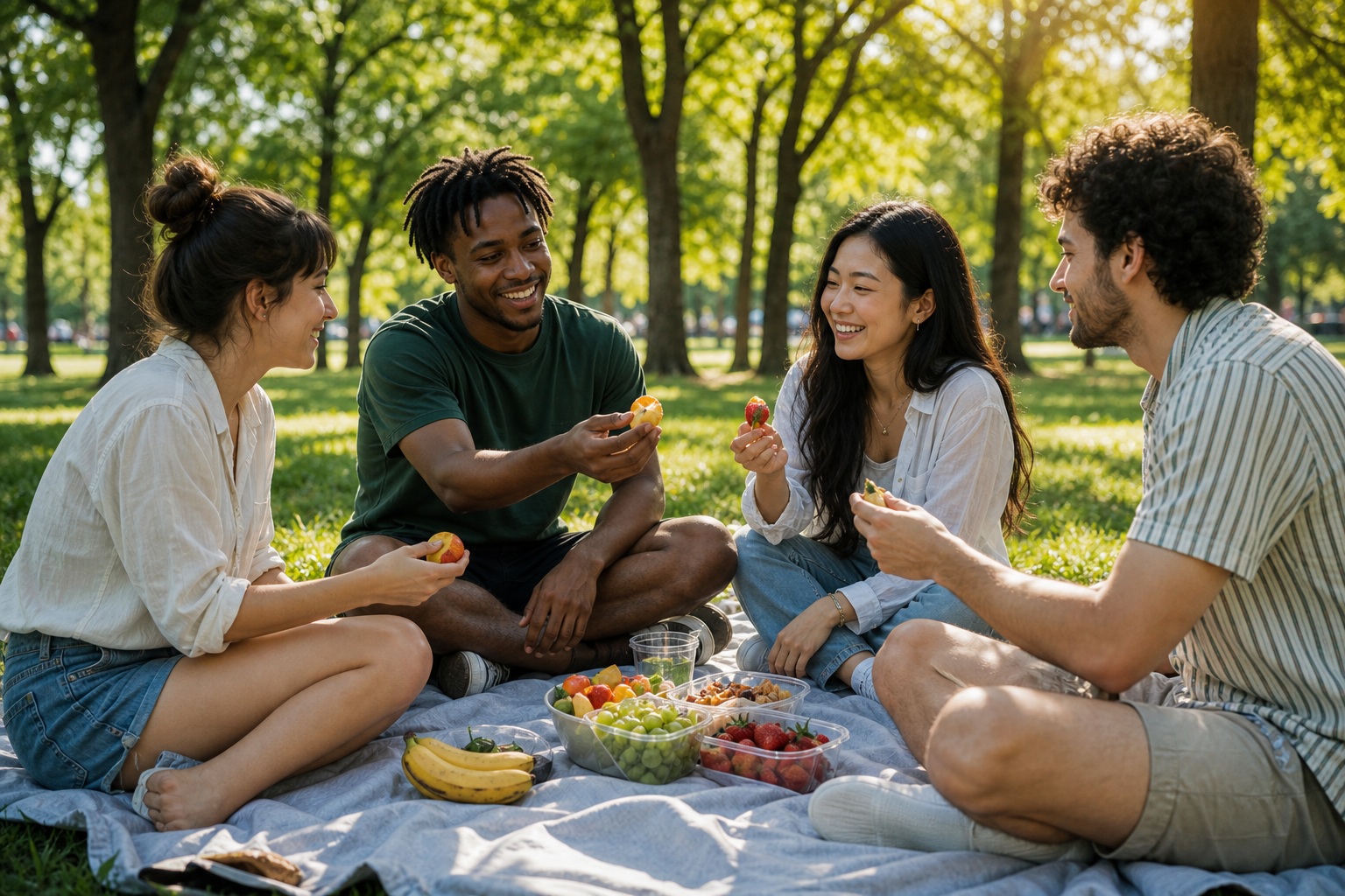 Four young adults sitting on a picnic blanket and laughing in a sunny park.