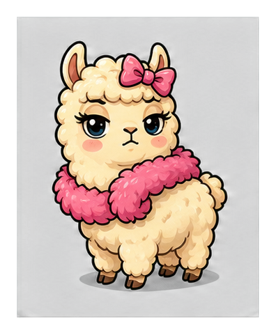 Cute alpaca with a pink bow and fluffy pink scarf, looking annoyed or dramatic.