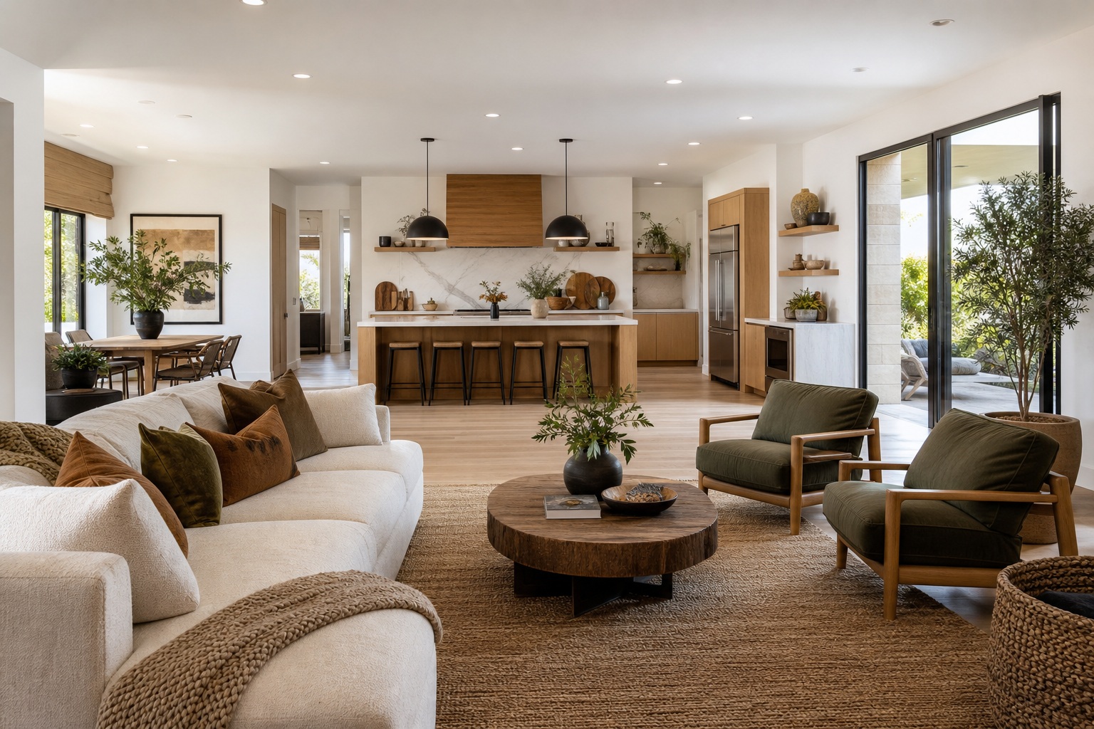 Bright modern living room and kitchen with neutral furniture and open plan layout.