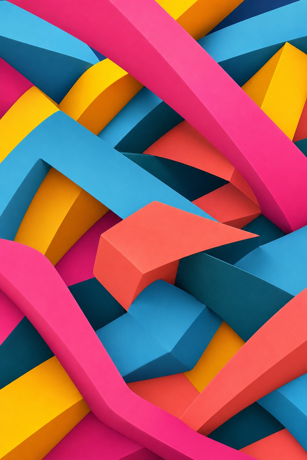 Interwoven sky blue, hot pink, yellow, and coral geometric bands forming a 3D optical illusion.
