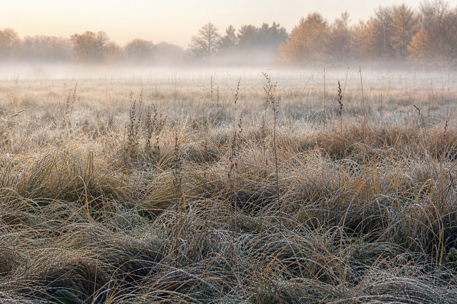 Fog settling over a dewy meadow with tall grass at sunrise.