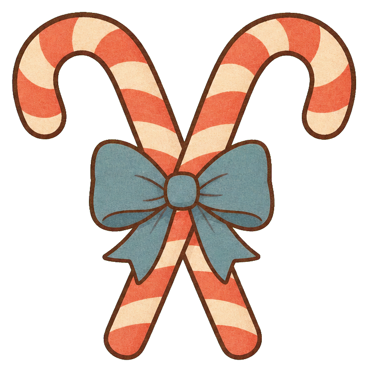 Two crossed candy canes tied together with a blue bow