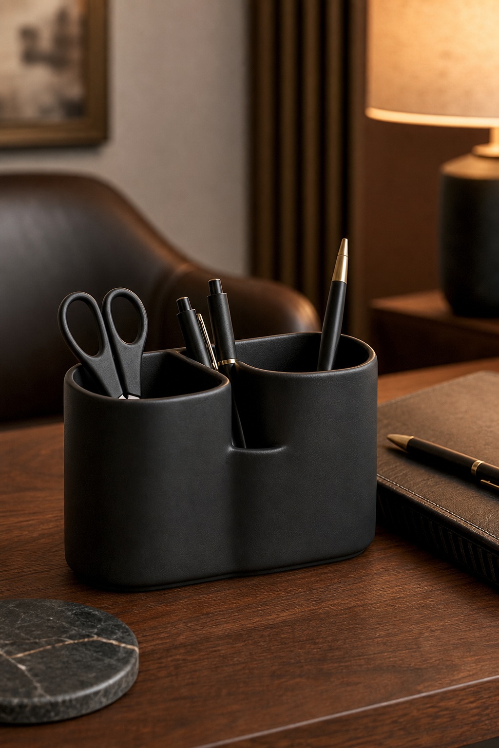 Matte office desk with desk organizer, pens, scissors, and warm lamp light