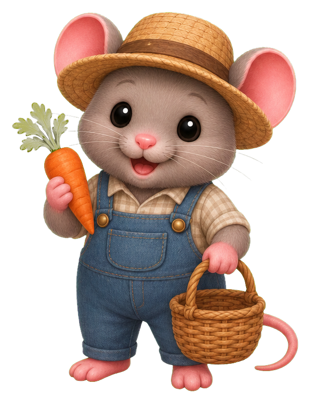 Cute mouse wearing overalls and a straw hat, holding a carrot and basket.