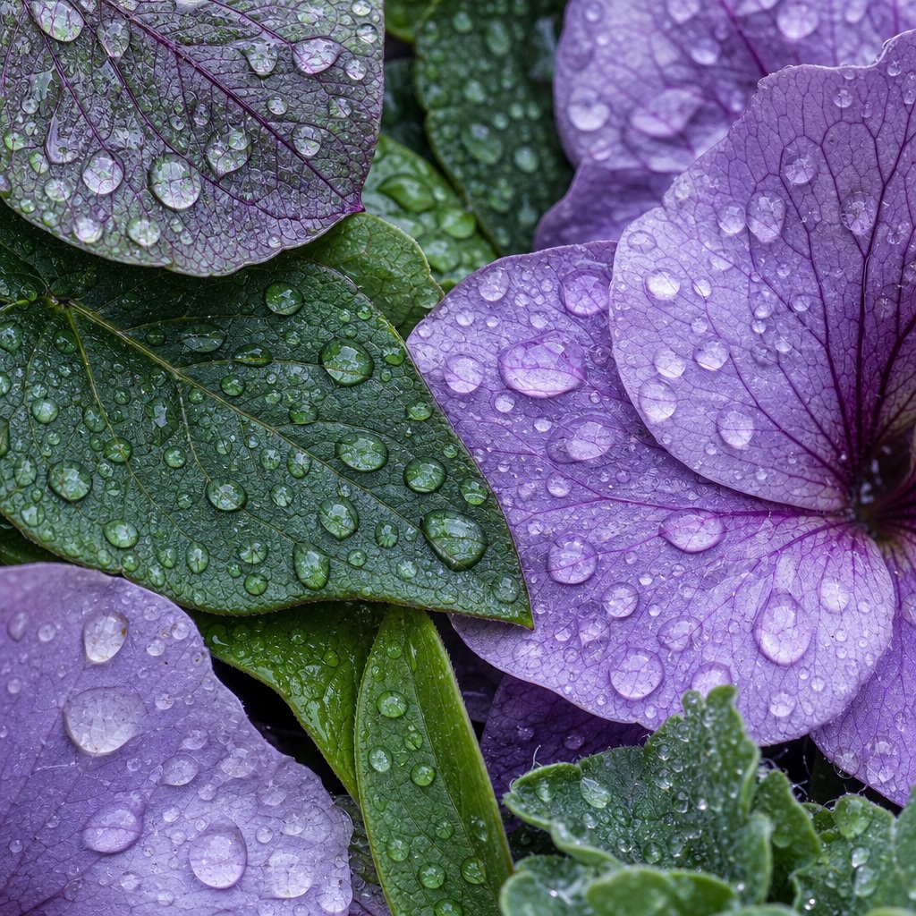 Purple and green leaves covered in raindrops, shown in a close botanical macro view.