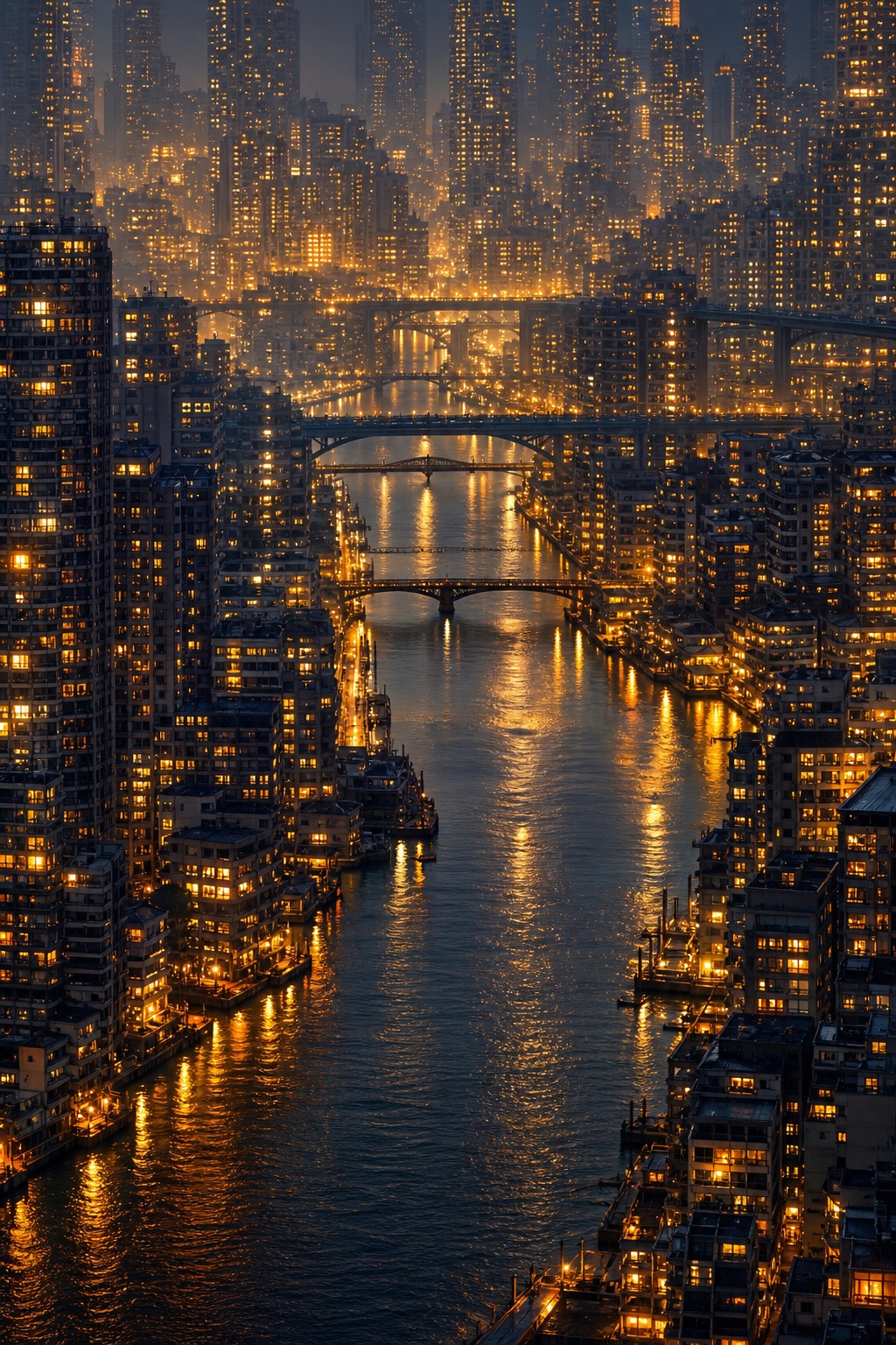Tall city buildings glowing at night beside a river with golden reflections