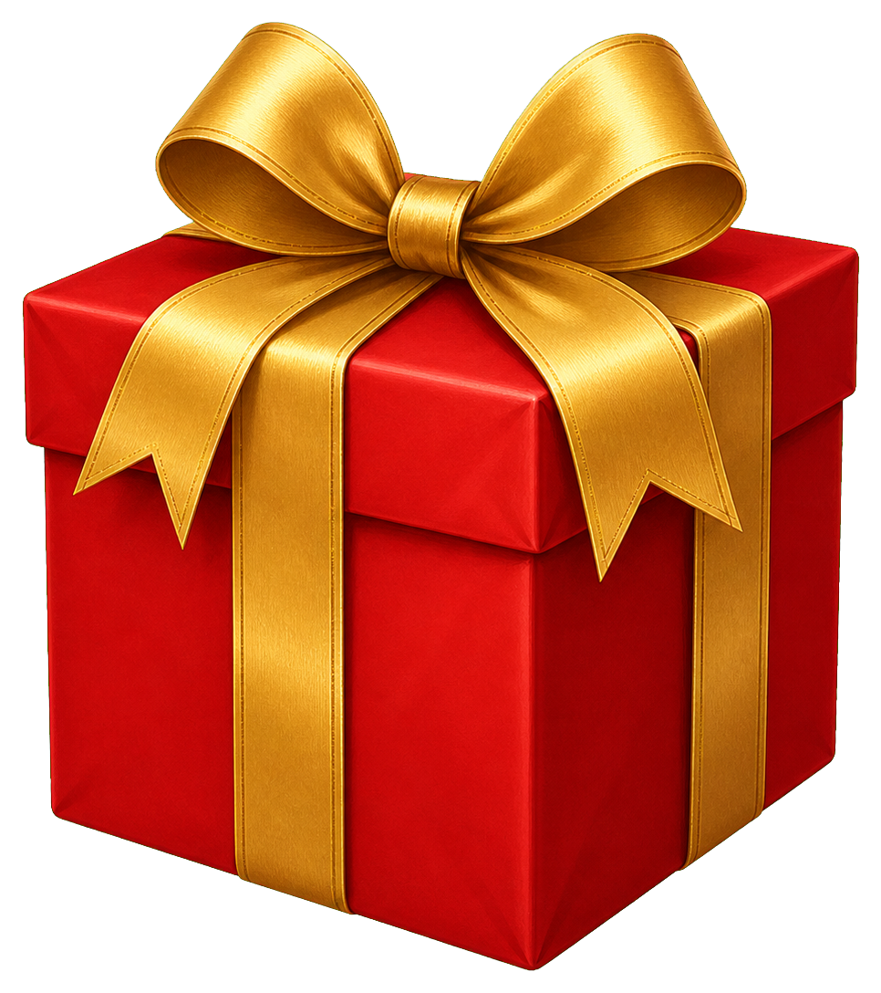 Red wrapped gift box with a gold ribbon and bow
