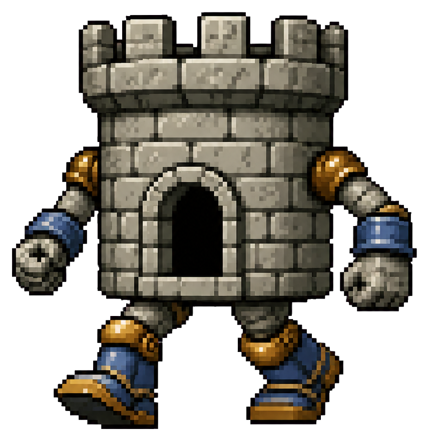 Pixel art walking castle turret with stone body, armored arms, and booted legs.