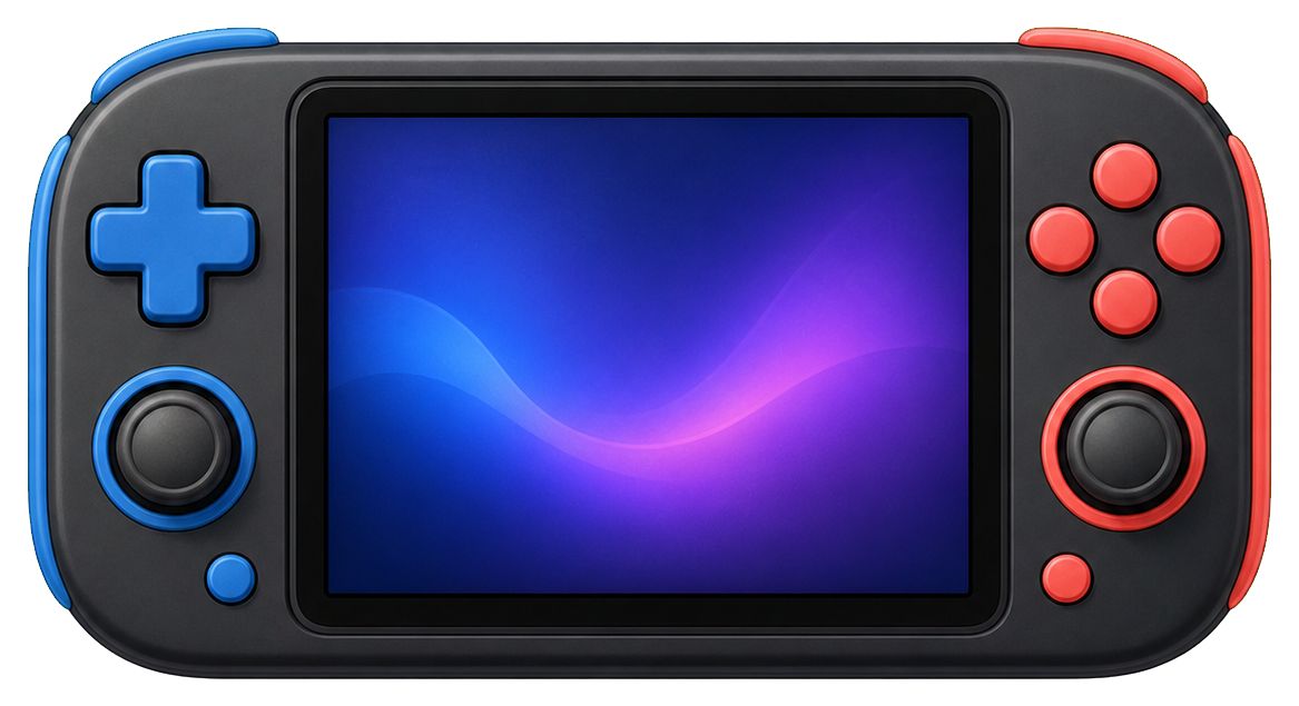 Handheld gaming console sticker with blue and red controls on a black device