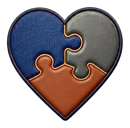Heart-shaped puzzle sticker with blue, black, and orange pieces