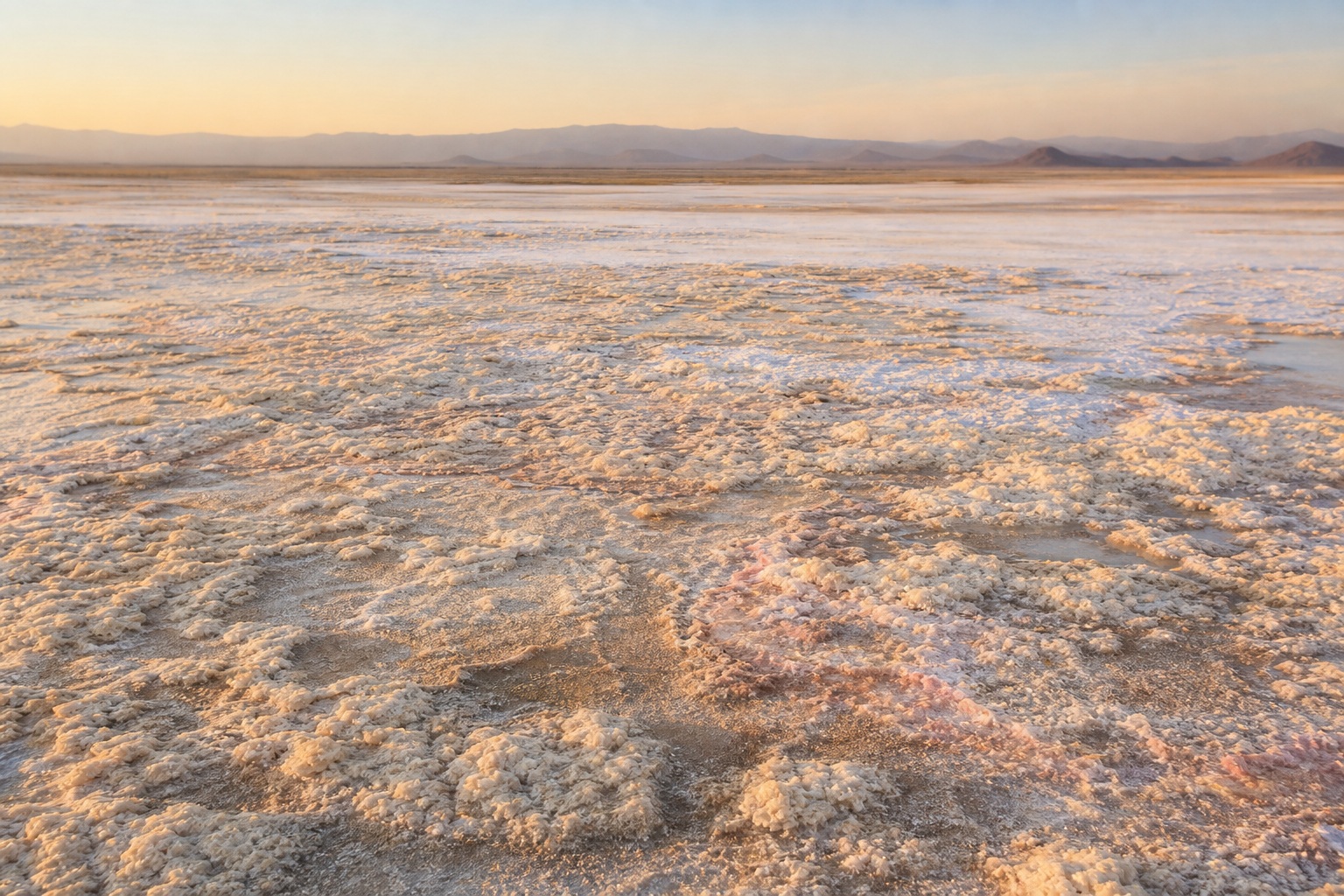 Wide salt flat landscape with weathered mineral crust under warm late-day light