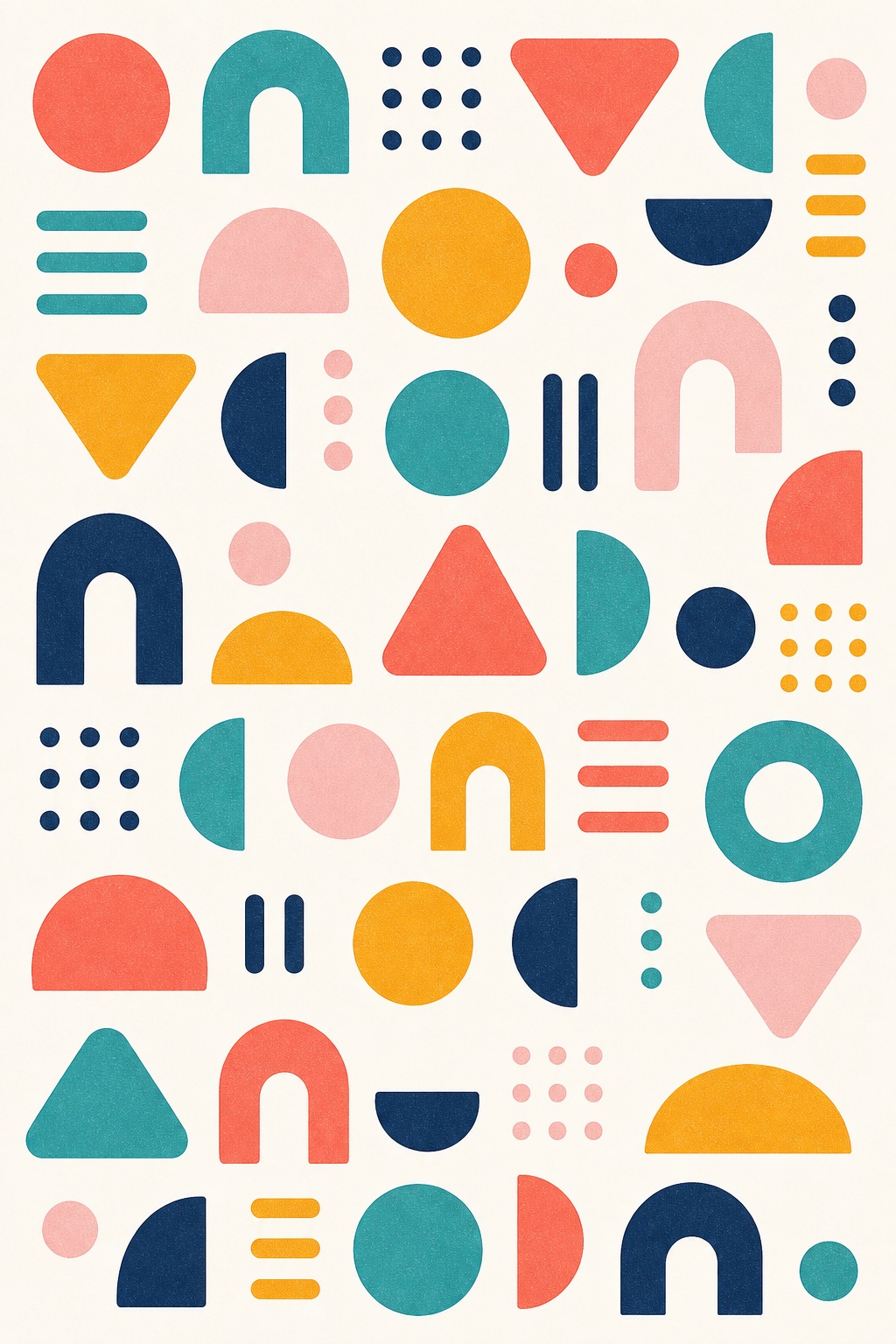 Colorful abstract pattern with rounded shapes, circles, arches, triangles, and dots on a cream background
