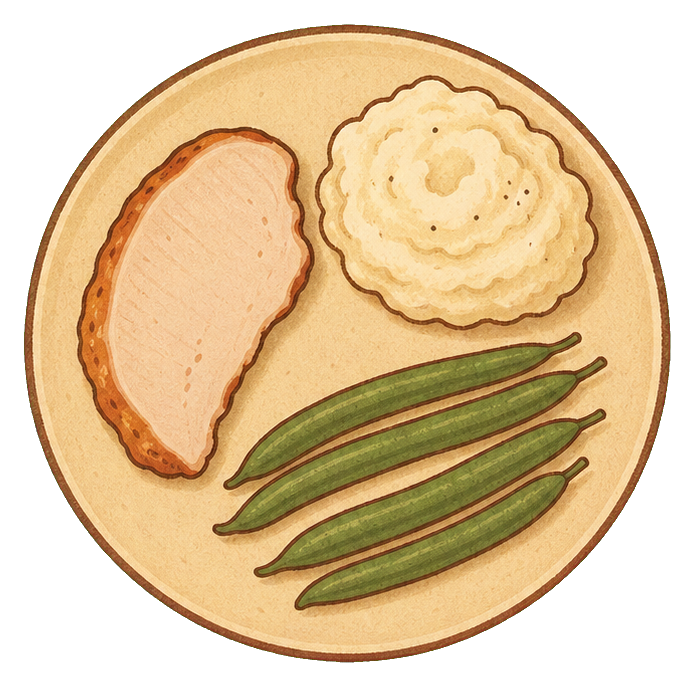 Cream Thanksgiving plate with turkey, stuffing, and green beans in a folk art style.
