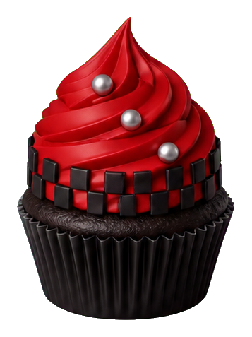 Red frosted cupcake with silver balls and a black checker band in a dark wrapper.