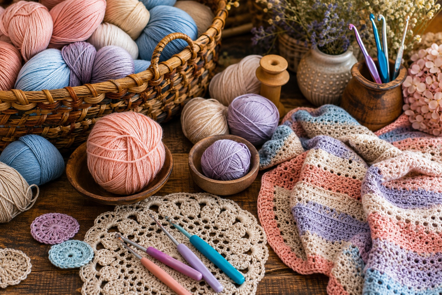 Crochet yarn skeins, hooks, and craft supplies arranged on a cozy desk flatlay.