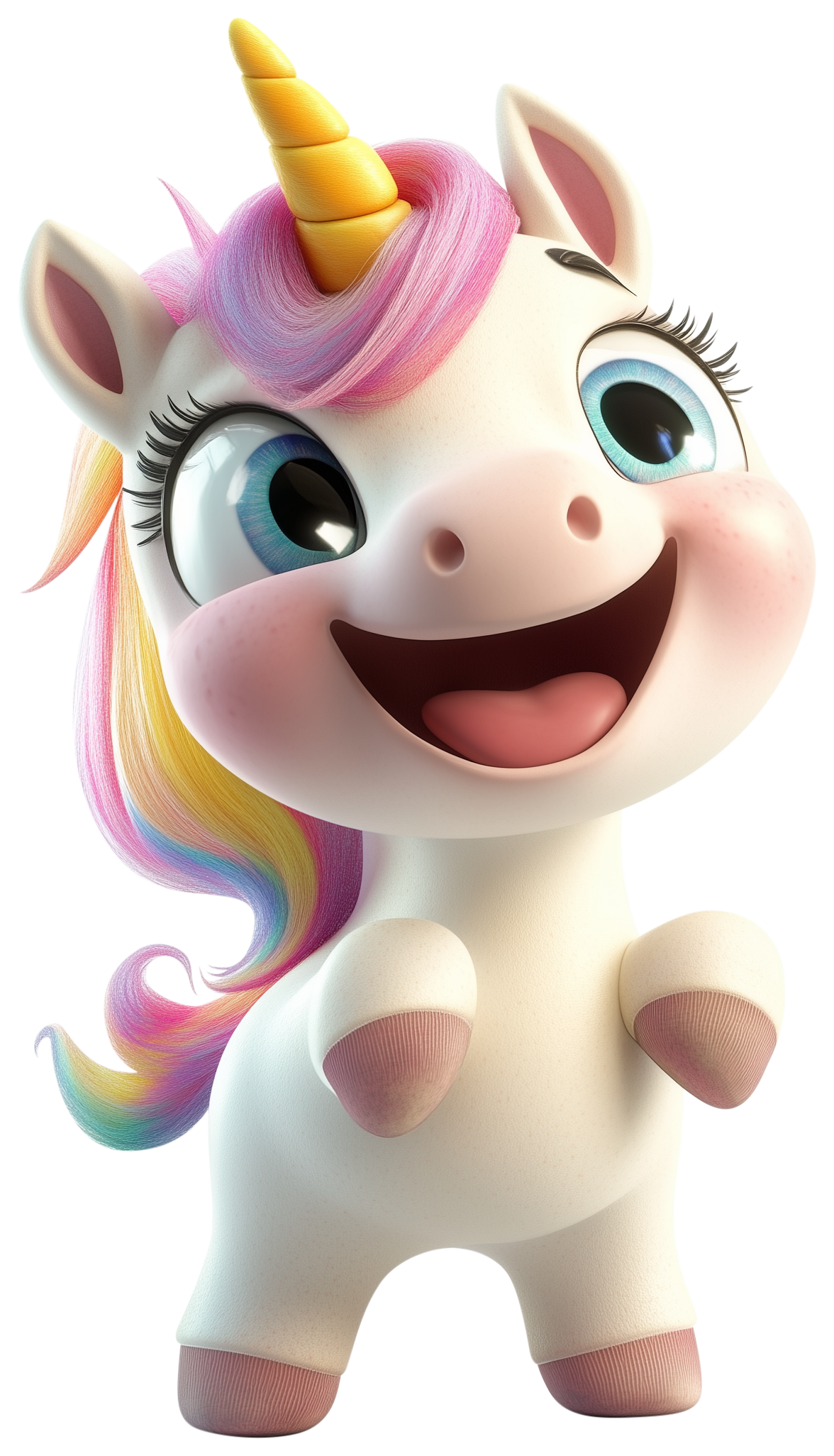 Cute 3D cartoon unicorn with rainbow mane, pink accents, and smiling face