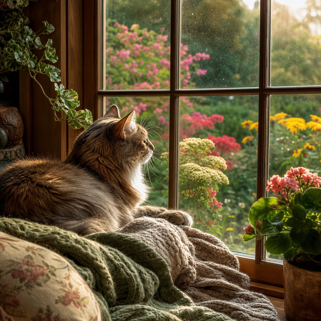 Fluffy cat resting on a blanket beside a window with garden flowers outside.