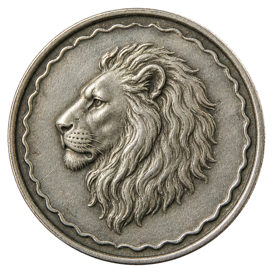 A worn nickel-colored coin sticker with a raised lion profile in the center.