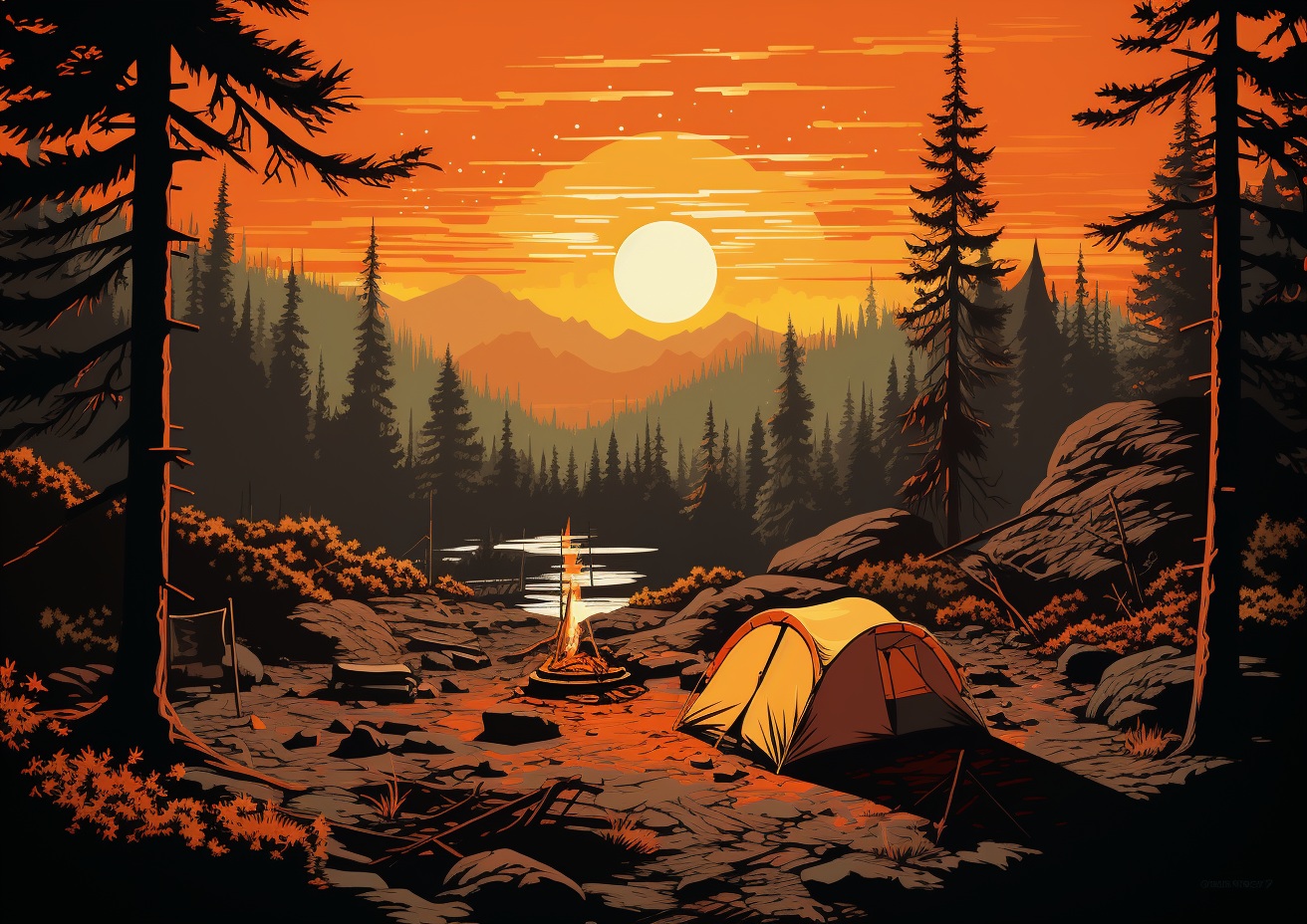 Preview for Sunset Camping Background With Mountain Camp Scene