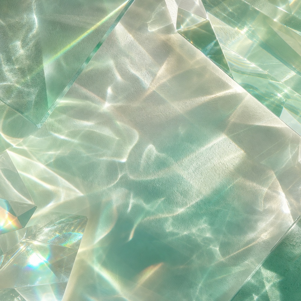 Abstract glass refraction with soft green light caustics and prismatic shadows.