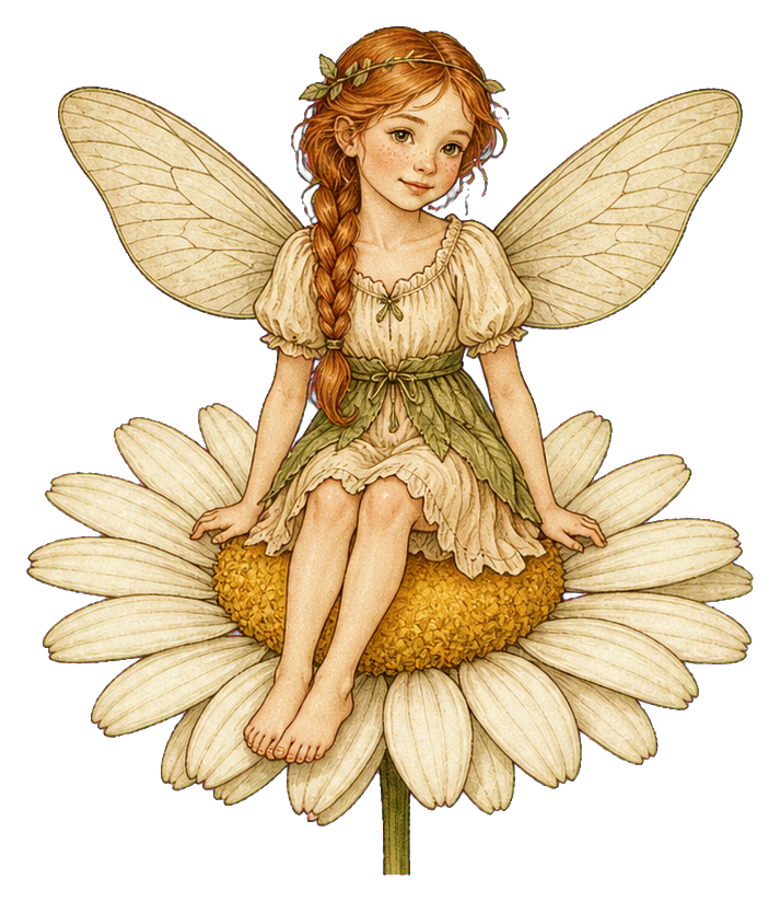A vintage fairy sitting on a large daisy flower with delicate wings.