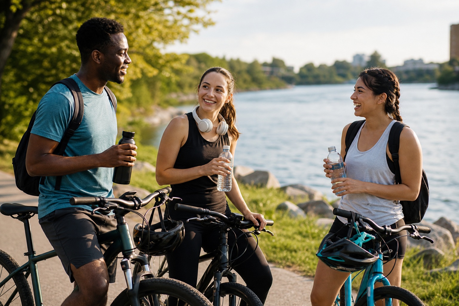 Three friends with bicycles chatting on a riverside path outdoors.