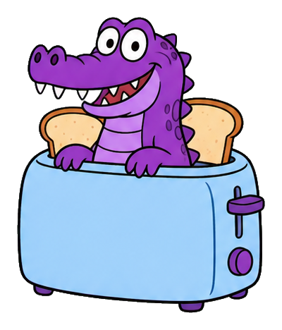 Purple cartoon crocodile popping out of a blue toaster with a cheerful grin