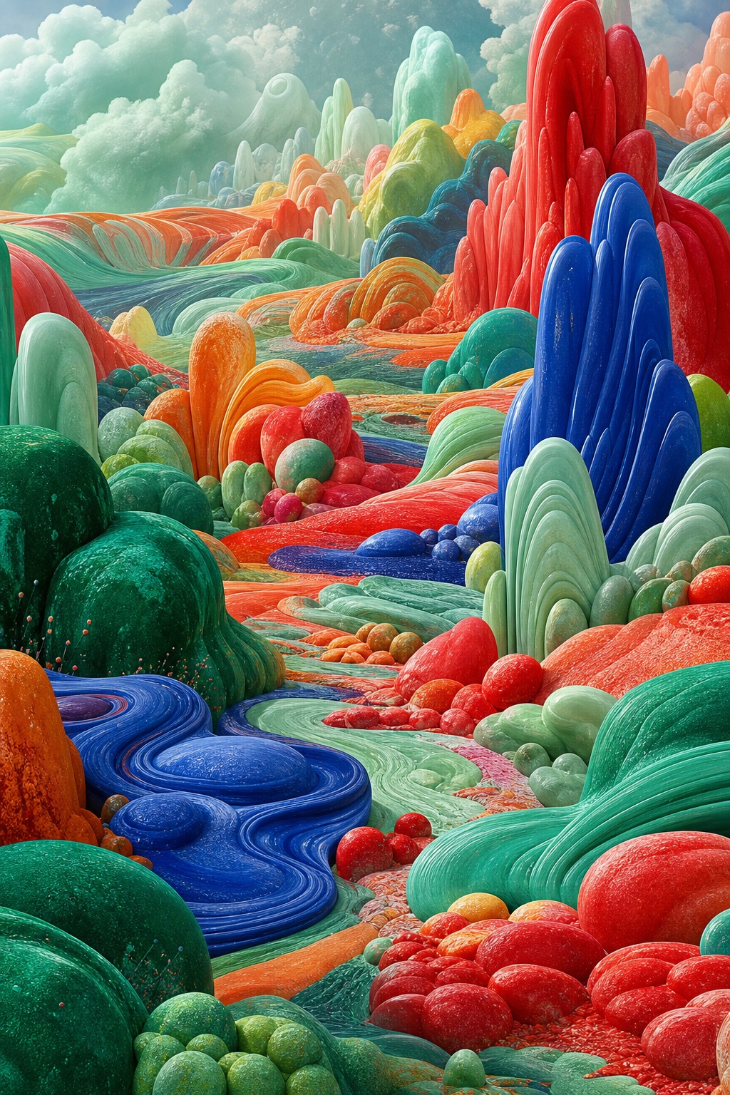 Colorful surreal landscape with red, blue, green, and orange mineral-like hills and flowing shapes