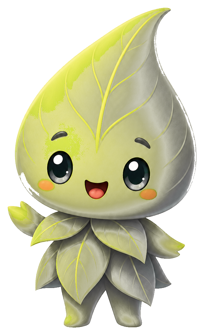 Cute smiling leaf sprite character with big eyes and layered leaves