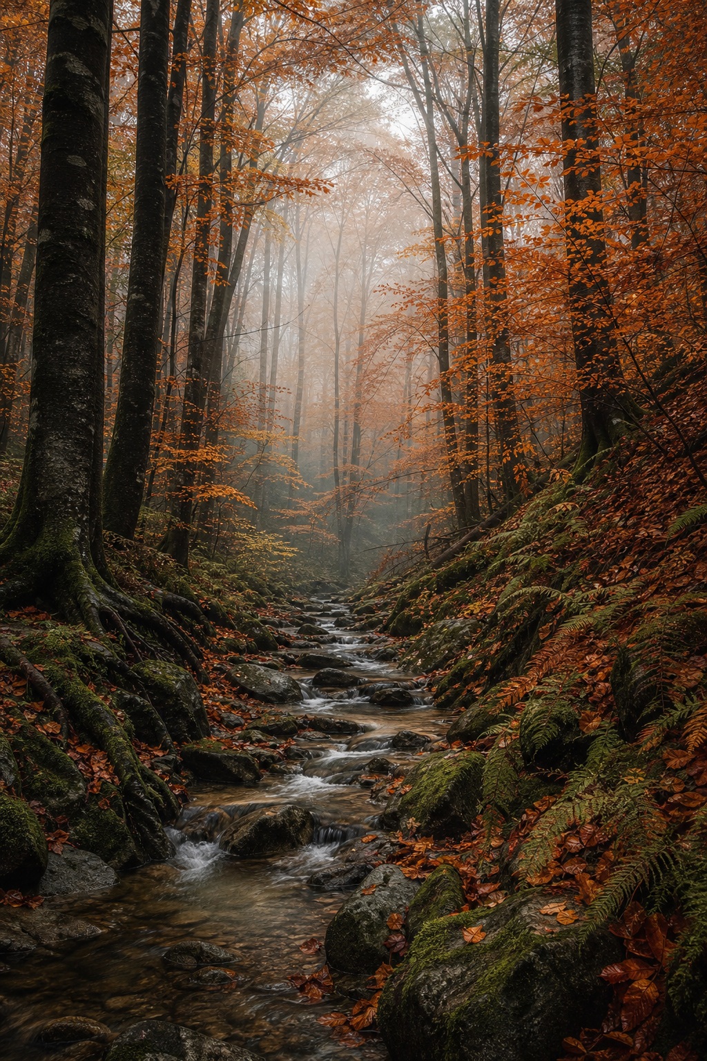 Misty woodland path with a stream running through copper beech trees and orange leaves
