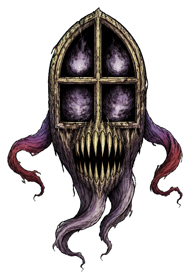 Gothic monster with a tooth-filled mask face and smoky purple tendrils.