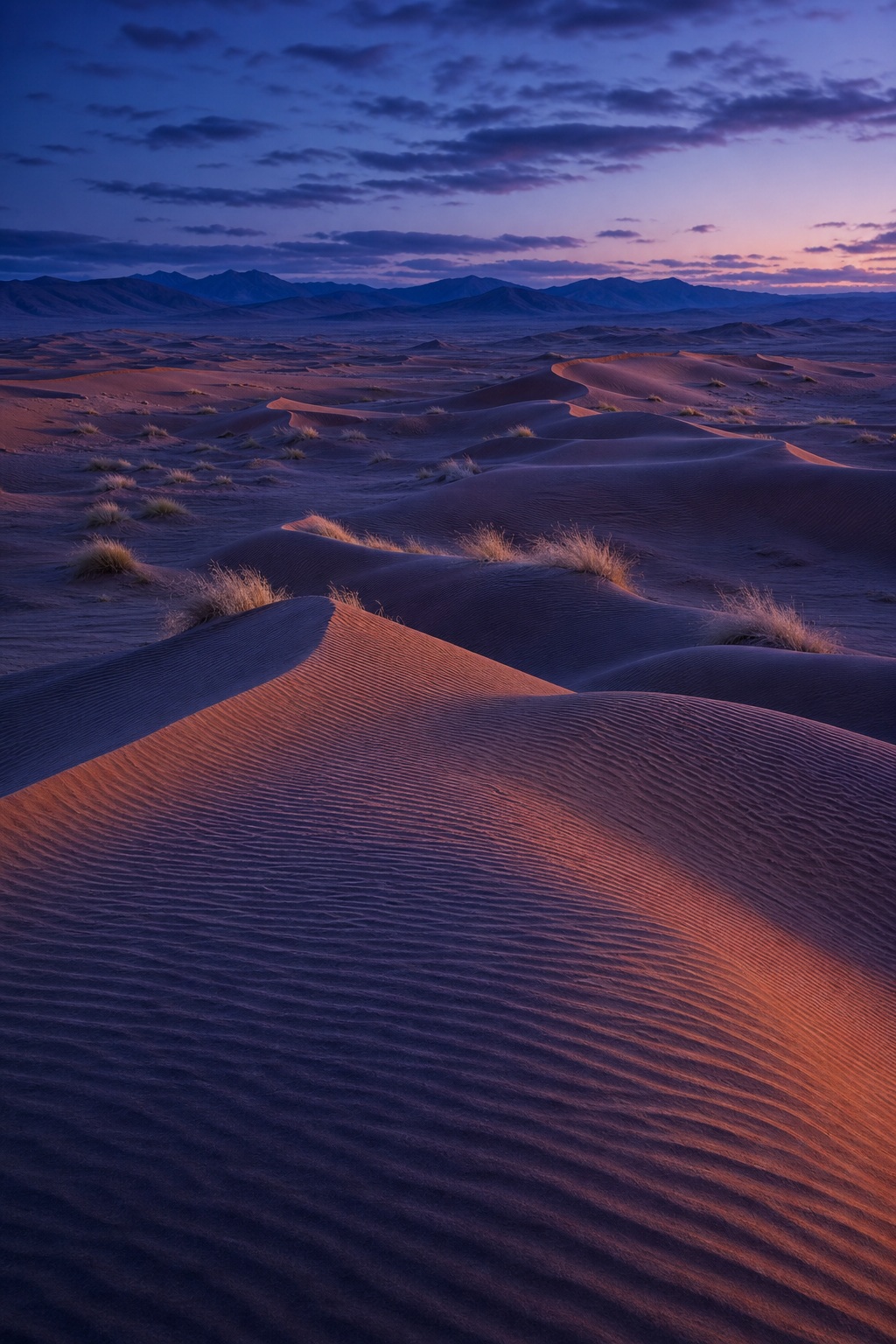 Wind-shaped sand dunes glowing under blue hour light in a desert landscape.